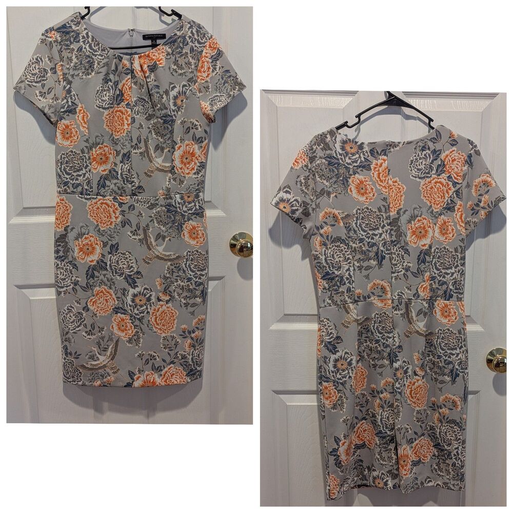 Banana Republic Office Work Grey Orange Floral Crane Scuba Fitted Dress Size 10